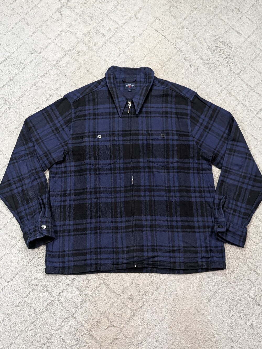 Noah Jacket Mens XL Blue Navy Plaid Full Zip Heavy Cotton Flannel Overshirt